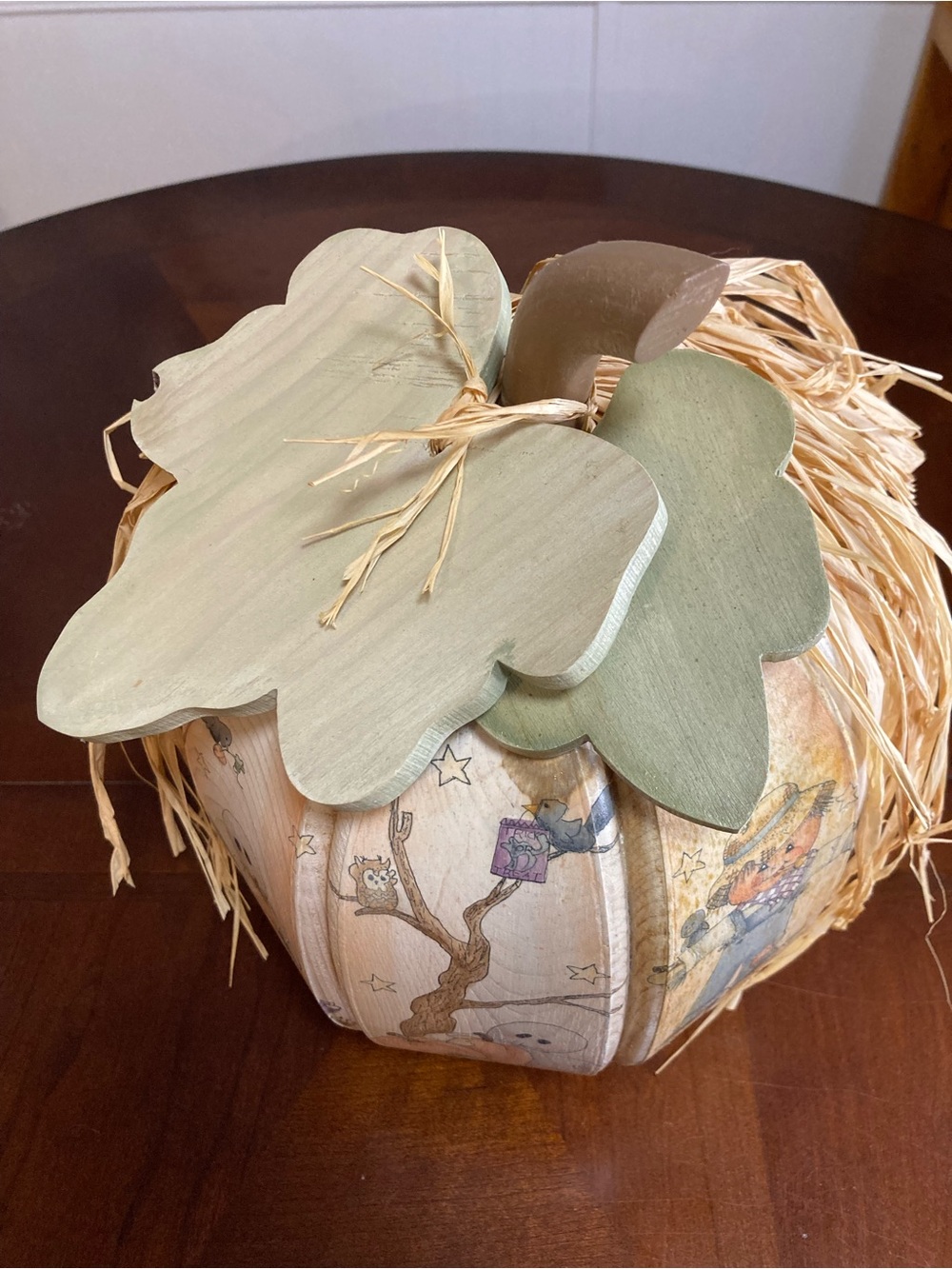 Vintage Hand Painted Wooden Fall Pumpkin Centerpiece With Ghost & Scarecrow Art - Picture 13 of 15